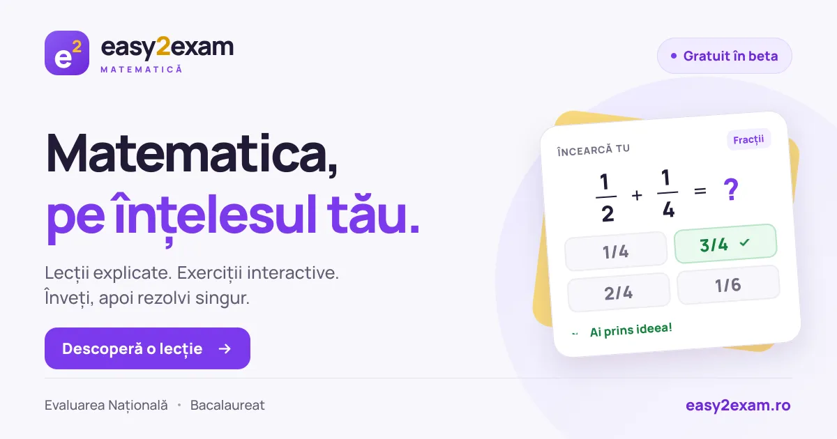 Pagina easy2exam: „Matematica, pe înțelesul tău”, cu un exercițiu interactiv de adunare a fracțiilor.